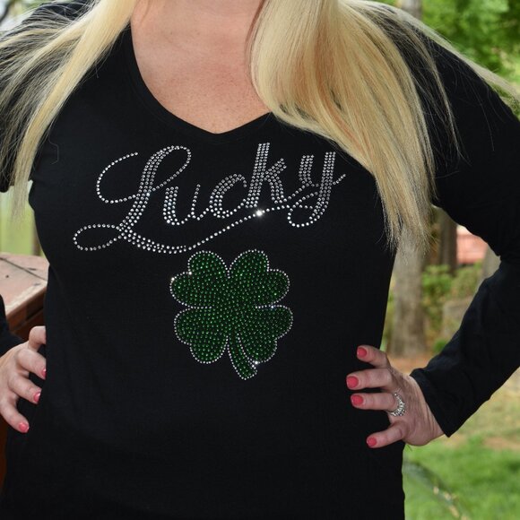 St. Patrick's rhinestone black long sleeve shirt XS S M L XL XXL 1X 2X 3… - Picture 1 of 7